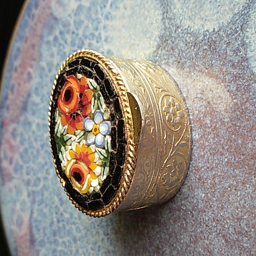 Vintage Italian Floral Micro Mosaic Gold Pill Box
